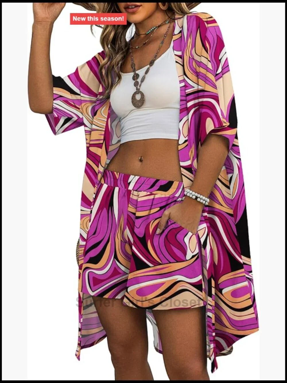 Women's 2 Piece Vacation Outfits Short Sleeve Cover Up and Shorts Set Beach